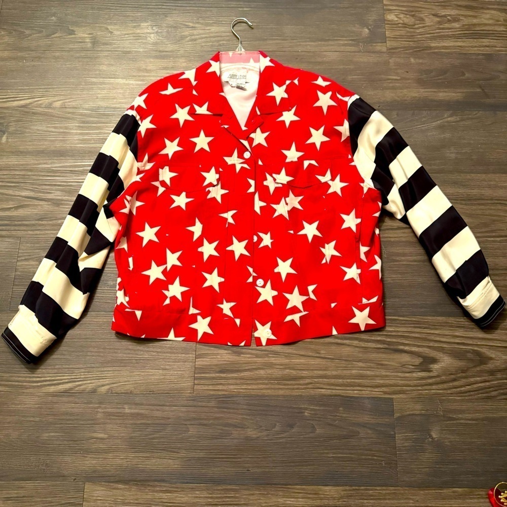 Vintage Silk Patriotic Country Western 8 Red White Blue Star jacket USA